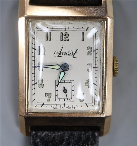 A gentlemans 1940s 9ct gold Accurist manual wind wrist watch, with rectangular Arabic dial and subsidiary seconds,